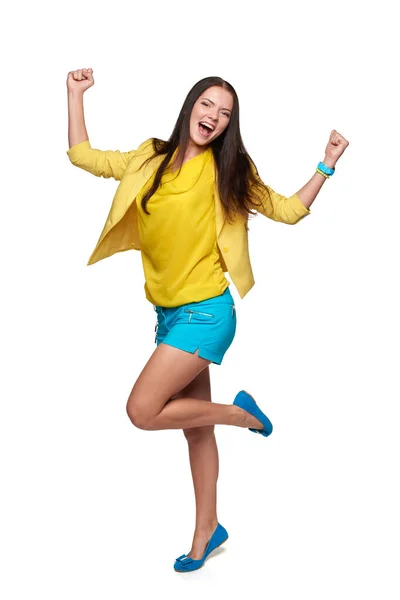 Full Length Happy Screaming Girl Yellow Blue Clothes Celebrating Success — Stock Photo, Image