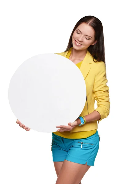 Happygirl Yellow Blue Holding Empty Circle Whiteboard Text Product — Fotografia de Stock