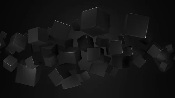 Render Scattered Black Cubes Levitating Black Background — Stock Photo, Image