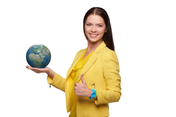 Día Tierra Salva Planeta Feliz Mujer Sonriente Chaqueta Amarilla Sosteniendo —  Fotos de Stock