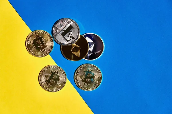 Tas Monnaie Numérique Argent Sur Fond Jaune Bleu Drapeau Ukraine — Photo