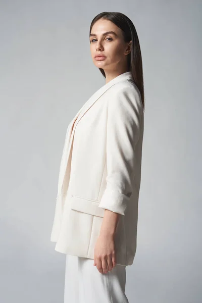 Fashion Portrait Beautiful Brunette Woman White Jacket Studio Shot — Stock Photo, Image