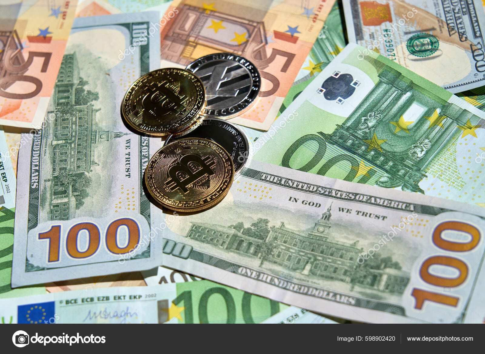Fiat Money Crypto Concept Scattered Bank Notes Dollars Euro Cryptocurrency  — Stock Photo © pavel_kolotenko #598902420