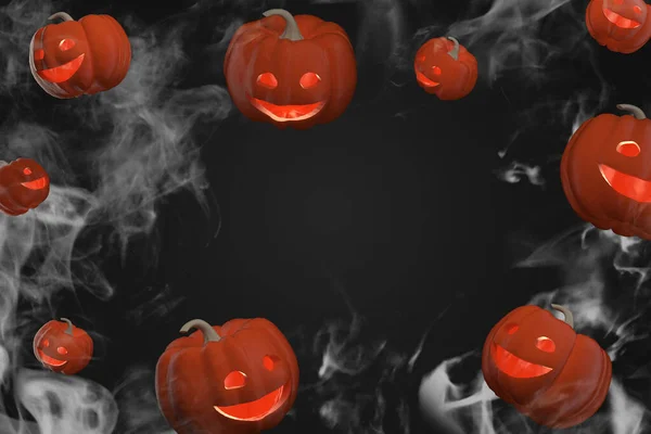3D illustration of Simple background with flying Scary Halloween pumpkins with smoke on background. Copy space in center