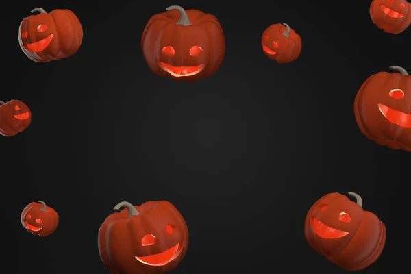 3D illustration of Simple background with flying Scary Halloween pumpkins with copy space in center
