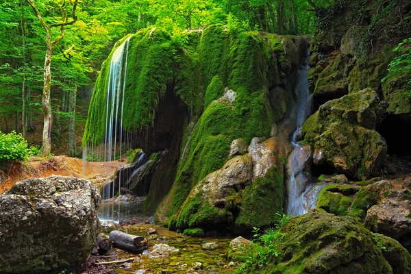 Cachoeira na floresta da Crimeia e pedra musgosa molhada — Fotografia de Stock