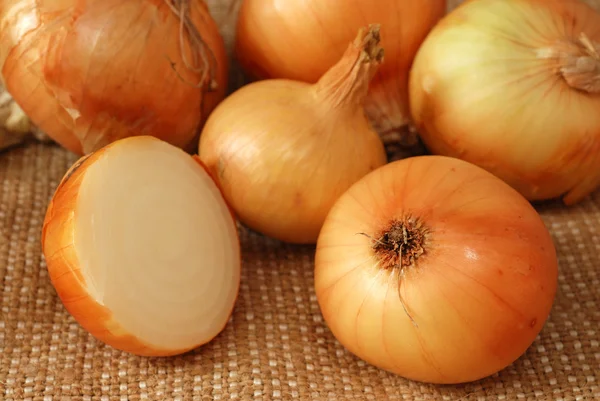 Onion on burlap — Stock Photo, Image