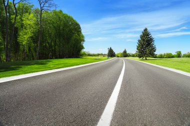 geniş asfalt yol ve yeşil ağaçlar