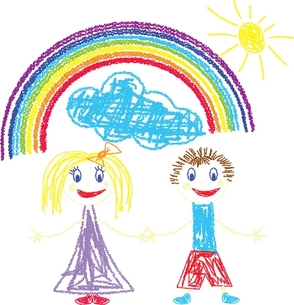 Crayon pained kids and rainbow — Stock Vector