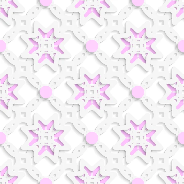 シームレスなピンクのドットを持つ層状白い穴あき飾り — ストックベクタ