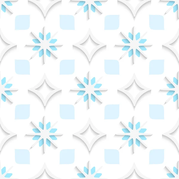 Witte puntige rhombuses met blauwe en witte sneeuwvlokken naadloze — Stockvector