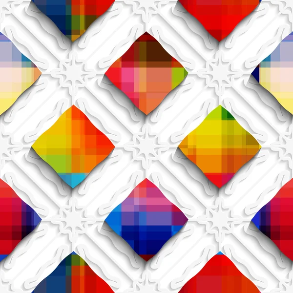 Χρωματισμένους ορθογωνίων στη χωρίς ραφή πρότυπο λευκό στολίδι ουράνιο τόξο — Διανυσματικό Αρχείο
