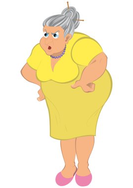 Sarı elbiseli yaşlı kadın karikatür