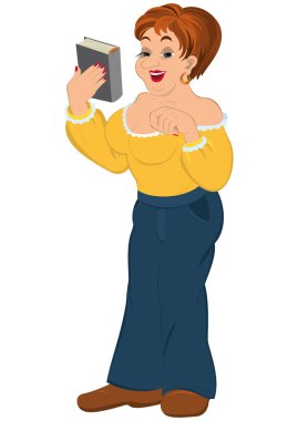 karikatür kitabı ile gülümseyen kadın