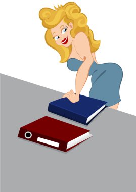retro hippi kız kağıt klasörleri içeren tablo yanında ayakta
