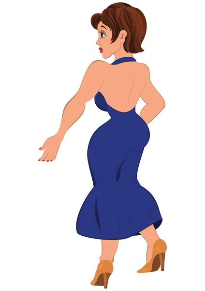 Kreslený žena v otevřené zadní pohled zpět modré šaty — Stockový vektor