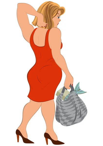 Cartoon  woman in red dress and bag with fish back view — Stock Vector