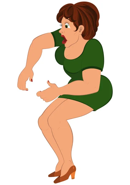 Mujer gorda de dibujos animados en mini vestido verde — Vector de stock