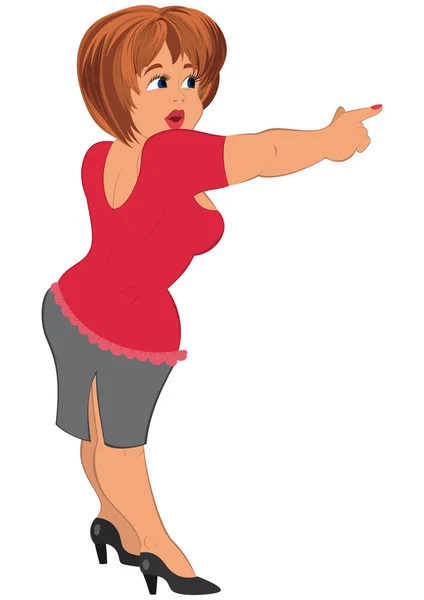 Mulher gorda dos desenhos animados no topo vermelho apontando com o dedo indicador — Vetor de Stock