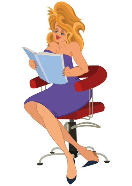 Cartoon girl in purple dress reading book — Stock Vector