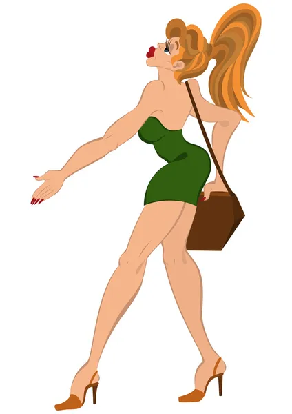 Cartoon meisje in korte jurk lopen met portemonnee — Stockvector