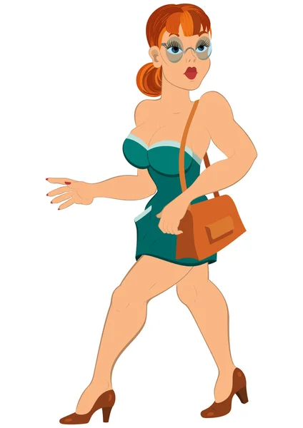 Tecknad flicka i kort grön klänning och glasögon med väska — Stock vektor