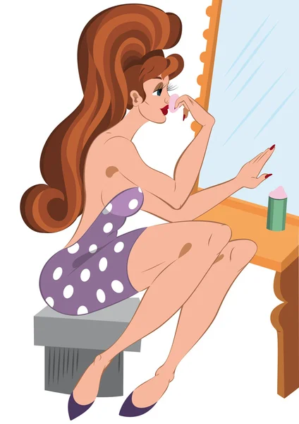 Cartoon girl sitting and applying makeup near the mirror — Stock Vector