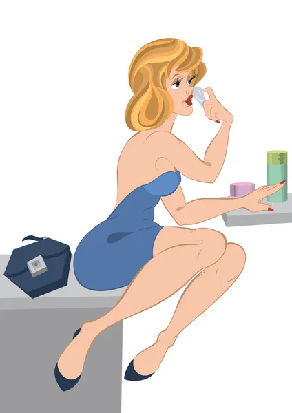 Cartone animato ragazza con i capelli biondi in abito blu applicando polvere su di lui — Vettoriale Stock