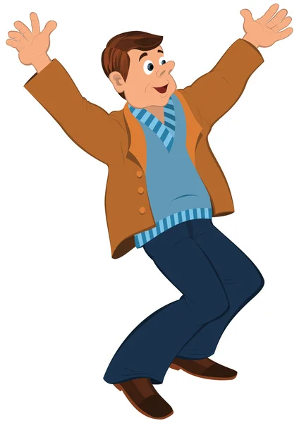 Cartoon man in blue sweater and brown jacket holding happily han — Stock Vector