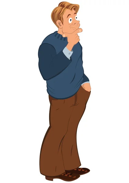 Cartoon man in blue sweater touching chin — Stock Vector