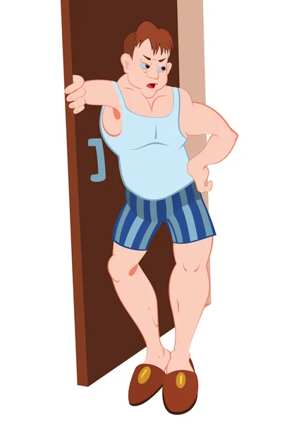 Hombre de dibujos animados en ropa interior azul de pie cerca de la puerta del apartamento — Vector de stock