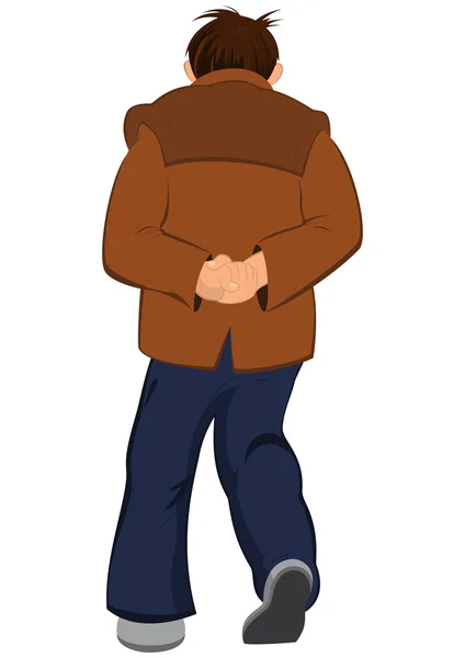 Cartoon man in brown jacket walking away back view — Stock Vector