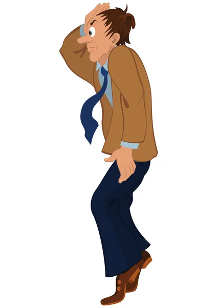 Homme dessin animé en veste marron debout sur la pointe des pieds — Image vectorielle