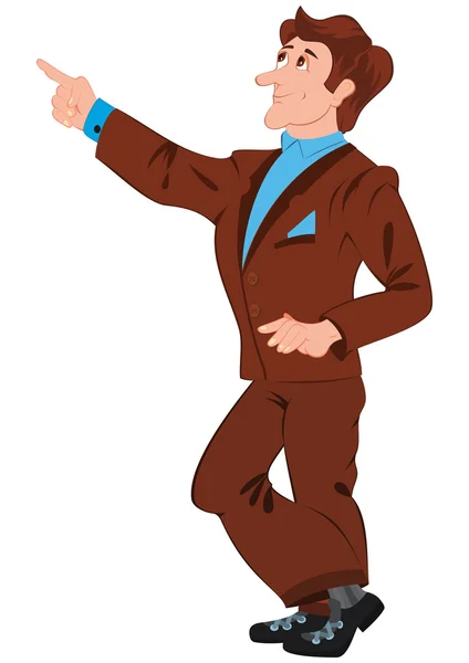 Cartoon man in brown suit pointing with index finger — Stock Vector