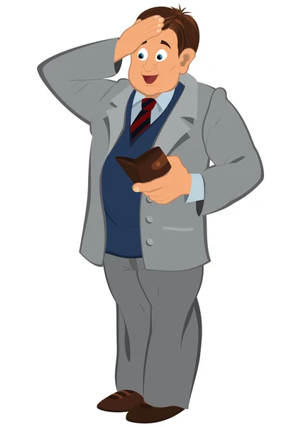 Uomo cartone animato in giacca grigia guardando dentro al portafoglio — Vettoriale Stock