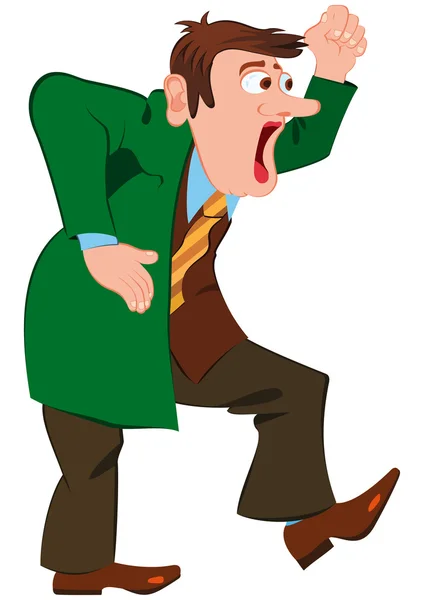 Cartoon man in green coat screaming — Stock Vector