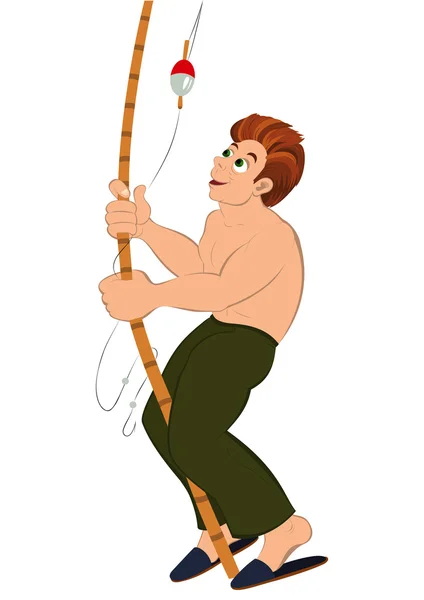 Kreslený muž v zelené kalhoty s rybářský prut — Stockový vektor