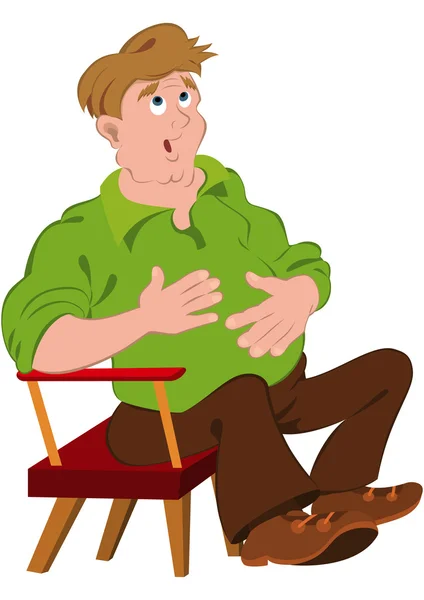 Cartoon man in green polo shirt touching stomach — Stock Vector