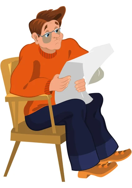 Cartoon man in orange sweater reading newspaper in armchair — Stock Vector