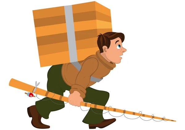 Cartoon man met hengel en dragen zware houten doos — Stockvector