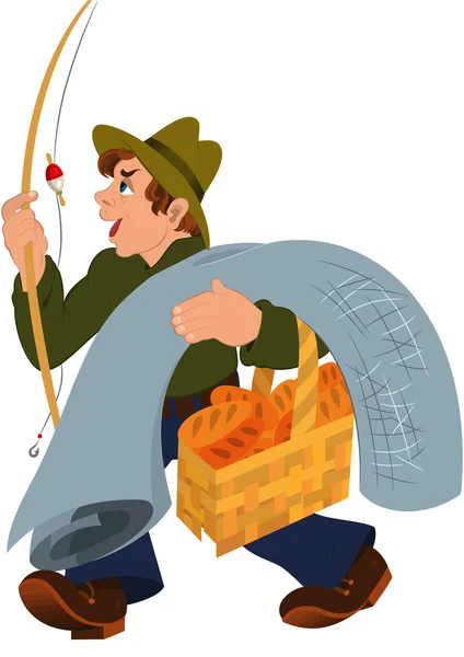 Cartoon man with fishing rod gray carpet and basket — Stock Vector
