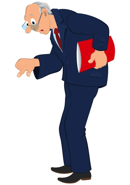 Cartoon alter Mann in blauer Jacke und Krawatte schaut nach unten — Stockvektor