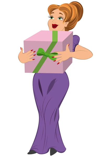 Cartoon woman in purple dress with present box — Stock Vector