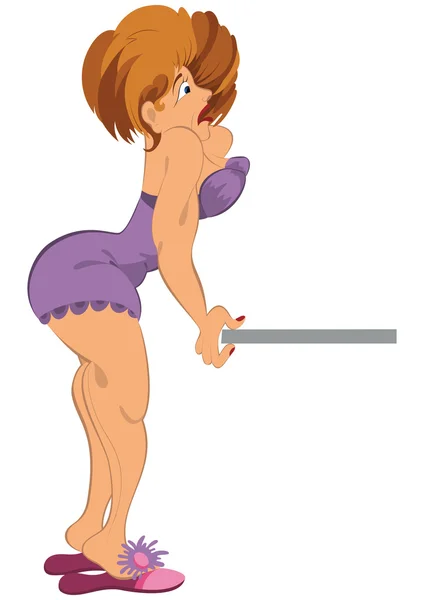 Kreslený žena ve fialové pantofle drží — Stockový vektor