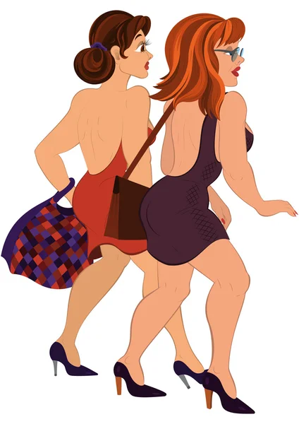 Dibujos animados dos niñas caminando con bolsas vista trasera — Archivo Imágenes Vectoriales