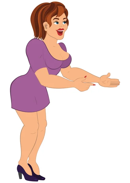 Mujer de dibujos animados en vestido corto morado sonriendo y tomándose de la mano en — Archivo Imágenes Vectoriales