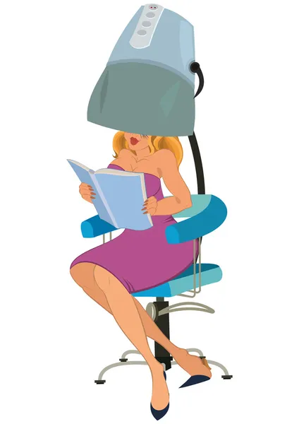 Cartoon woman sitting under blow dryer — Stock Vector