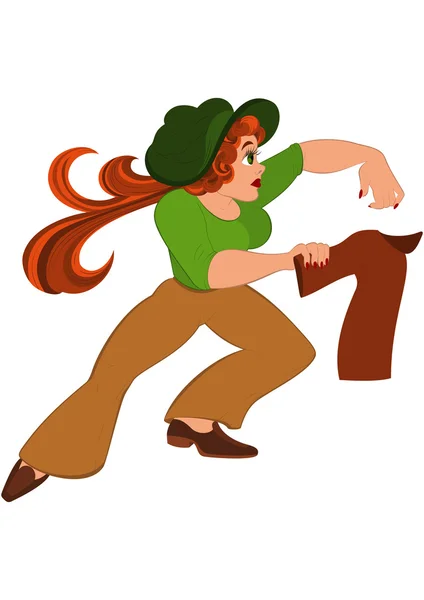 Dessin animé femme en haut vert courir après la veste — Image vectorielle