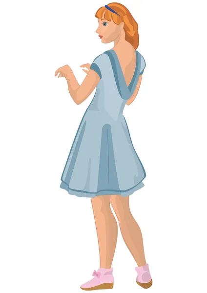 Gadis retro dengan gaun biru - Stok Vektor