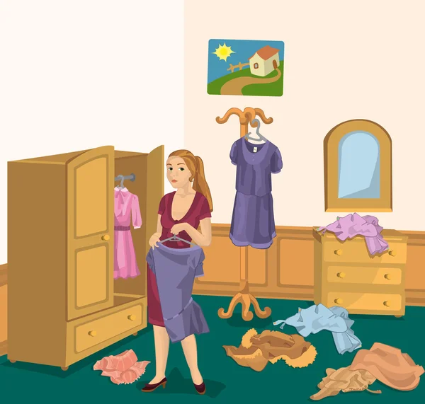 Fille rétro avec robe dans la chambre — Image vectorielle